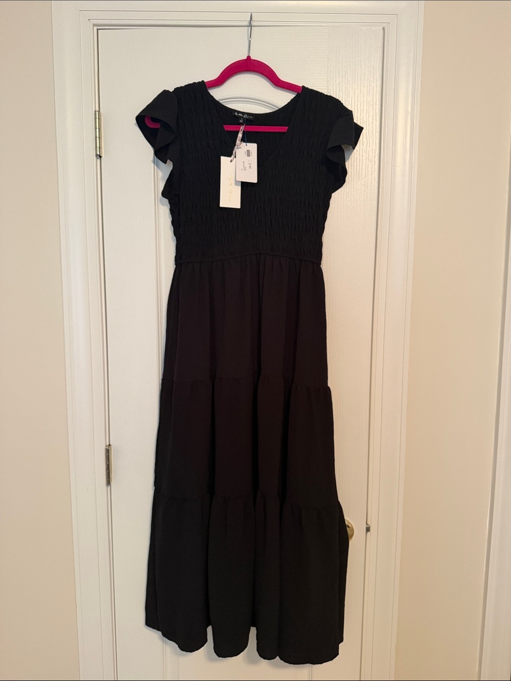 Women’s Black Smocked Tiered Maxi Dress with Flutter Sleeves